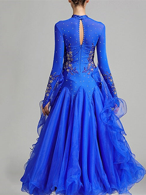 Robe de Danse de Salon pour Femmes, Broderie, Joint Fendu, Cristaux/Strass, Entraînement de Performance pour Femmes, Manches Longues