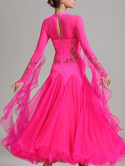 Robe de Danse de Salon pour Femmes, Broderie, Joint Fendu, Cristaux/Strass, Entraînement de Performance pour Femmes, Manches Longues