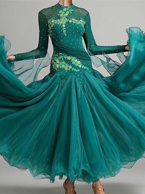 Robe de Danse de Salon pour Femmes, Broderie, Joint Fendu, Cristaux/Strass, Entraînement de Performance pour Femmes, Manches Longues