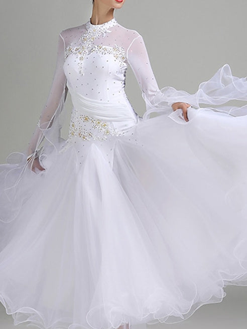 Robe de Danse de Salon pour Femmes, Broderie, Joint Fendu, Cristaux/Strass, Entraînement de Performance pour Femmes, Manches Longues