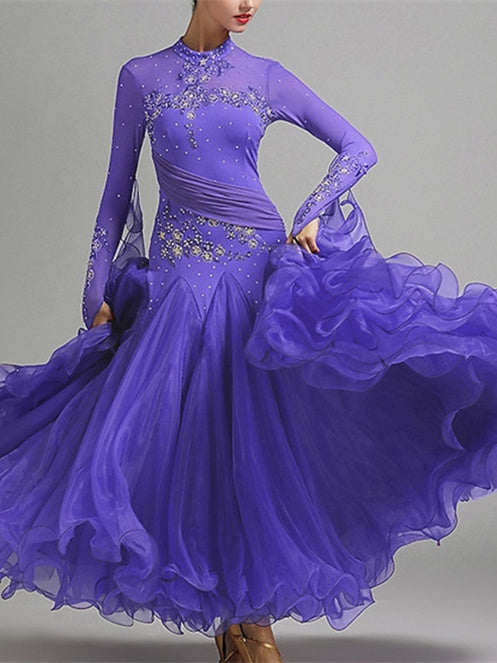 Robe de Danse de Salon pour Femmes, Broderie, Joint Fendu, Cristaux/Strass, Entraînement de Performance pour Femmes, Manches Longues