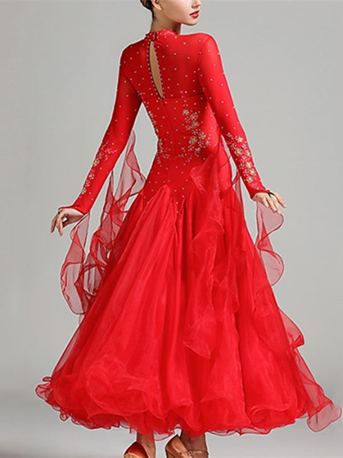 Robe de Danse de Salon pour Femmes, Broderie, Joint Fendu, Cristaux/Strass, Entraînement de Performance pour Femmes, Manches Longues