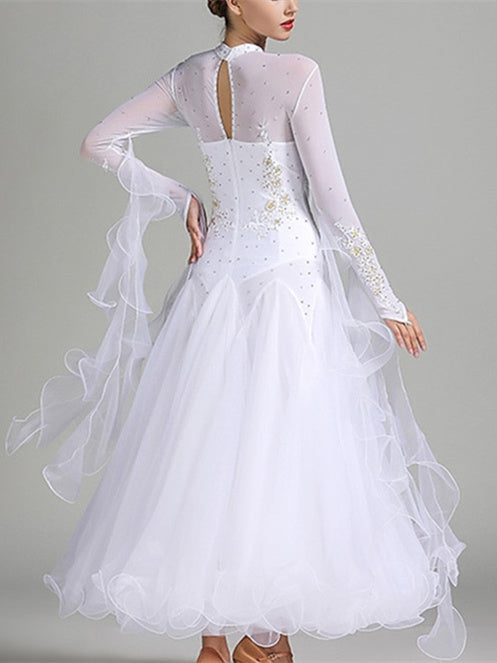 Robe de Danse de Salon pour Femmes, Broderie, Joint Fendu, Cristaux/Strass, Entraînement de Performance pour Femmes, Manches Longues