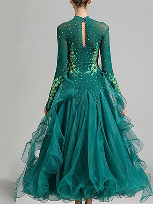 Robe de Danse de Salon pour Femmes, Broderie, Joint Fendu, Cristaux/Strass, Entraînement de Performance pour Femmes, Manches Longues