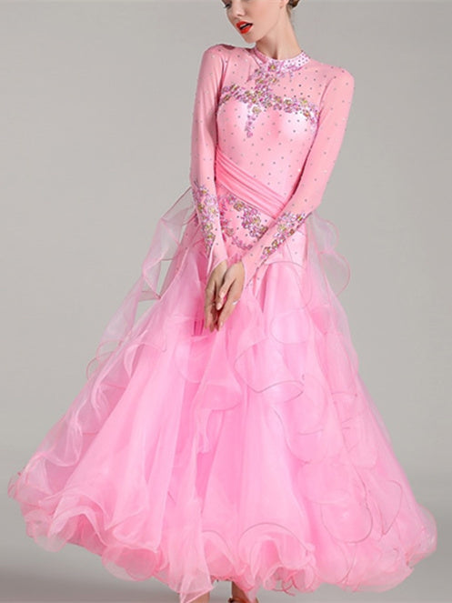 Robe de Danse de Salon pour Femmes, Broderie, Joint Fendu, Cristaux/Strass, Entraînement de Performance pour Femmes, Manches Longues