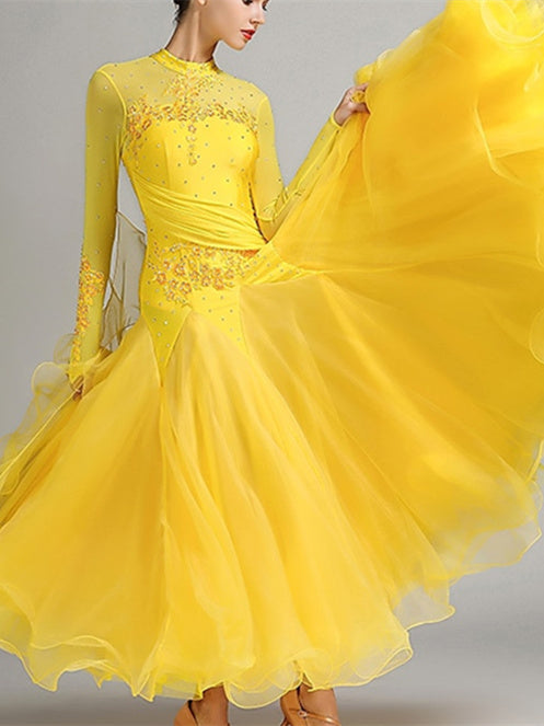 Robe de Danse de Salon pour Femmes, Broderie, Joint Fendu, Cristaux/Strass, Entraînement de Performance pour Femmes, Manches Longues