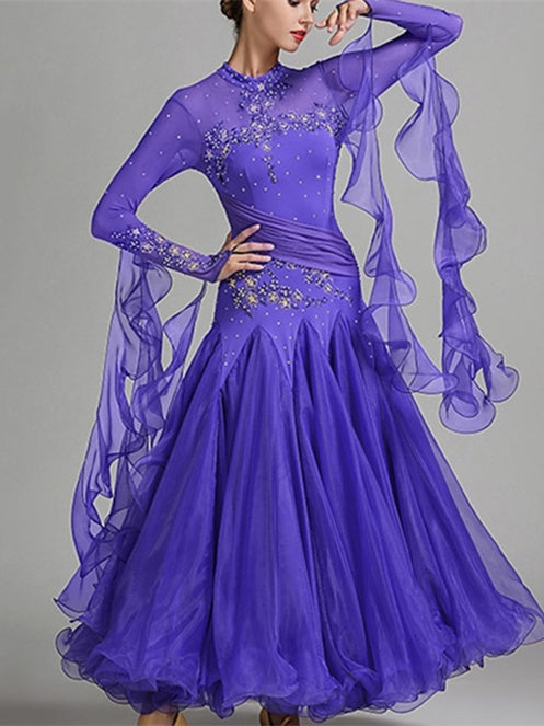 Robe de Danse de Salon pour Femmes, Broderie, Joint Fendu, Cristaux/Strass, Entraînement de Performance pour Femmes, Manches Longues