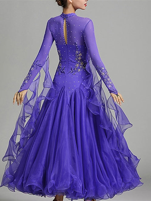 Robe de Danse de Salon pour Femmes, Broderie, Joint Fendu, Cristaux/Strass, Entraînement de Performance pour Femmes, Manches Longues