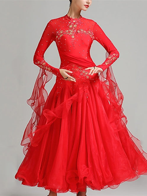 Robe de Danse de Salon pour Femmes, Broderie, Joint Fendu, Cristaux/Strass, Entraînement de Performance pour Femmes, Manches Longues