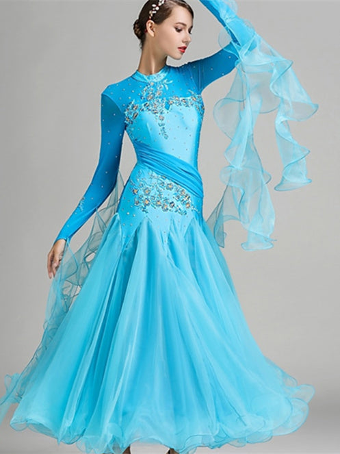 Robe de Danse de Salon pour Femmes, Broderie, Joint Fendu, Cristaux/Strass, Entraînement de Performance pour Femmes, Manches Longues