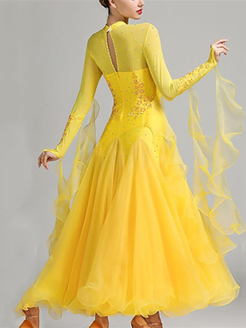 Robe de Danse de Salon pour Femmes, Broderie, Joint Fendu, Cristaux/Strass, Entraînement de Performance pour Femmes, Manches Longues