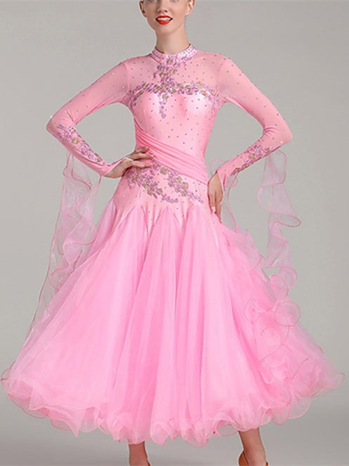 Robe de Danse de Salon pour Femmes, Broderie, Joint Fendu, Cristaux/Strass, Entraînement de Performance pour Femmes, Manches Longues