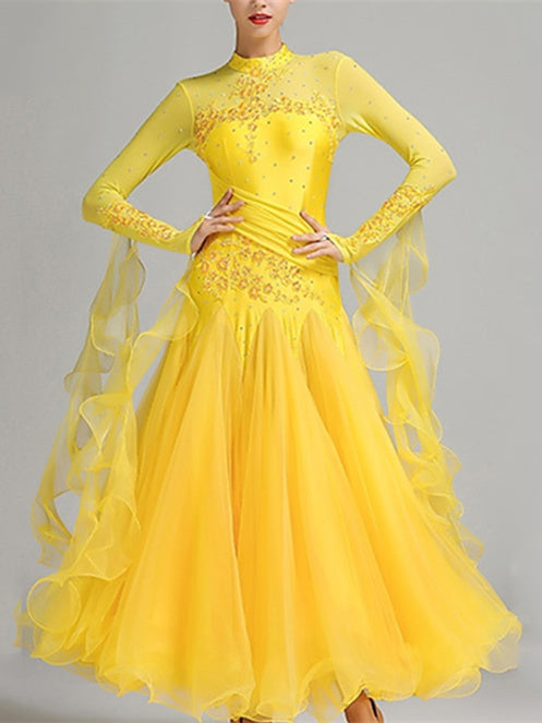 Robe de Danse de Salon pour Femmes, Broderie, Joint Fendu, Cristaux/Strass, Entraînement de Performance pour Femmes, Manches Longues