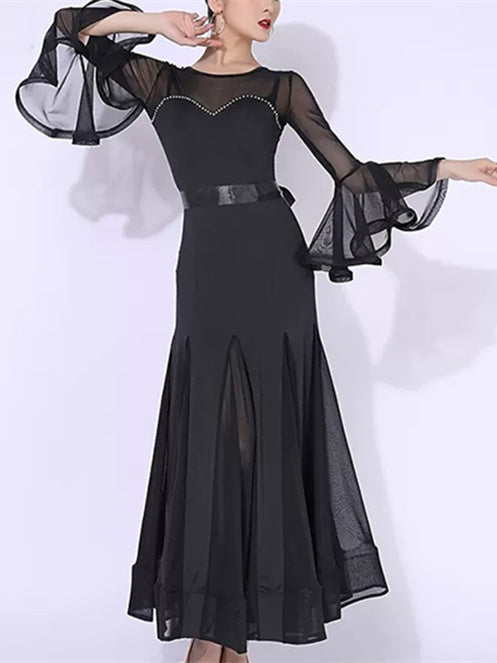 Robe de Danse de Salon pour Femmes avec Cristaux/Strass et Manches Longues pour Entraînement de Performance pour Femmes