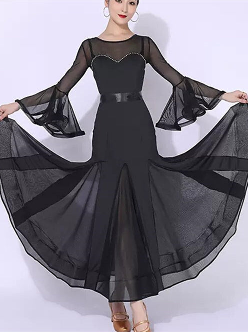 Robe de Danse de Salon pour Femmes avec Cristaux/Strass et Manches Longues pour Entraînement de Performance pour Femmes