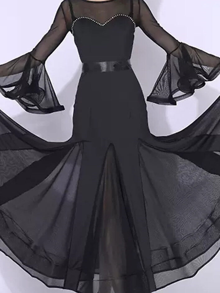 Robe de Danse de Salon pour Femmes avec Cristaux/Strass et Manches Longues pour Entraînement de Performance pour Femmes