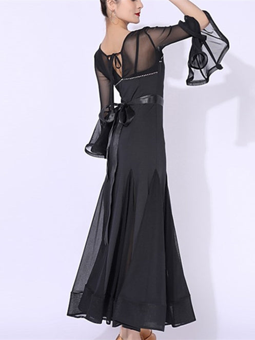 Robe de Danse de Salon pour Femmes avec Cristaux/Strass et Manches Longues pour Entraînement de Performance pour Femmes