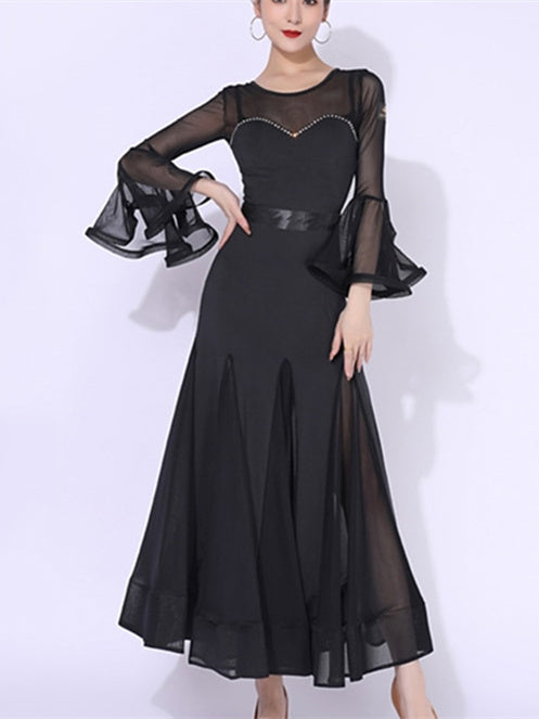 Robe de Danse de Salon pour Femmes avec Cristaux/Strass et Manches Longues pour Entraînement de Performance pour Femmes