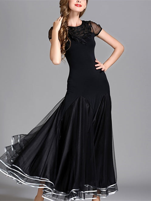 Robe de Danse de Salon pour Femmes, Tenue de Danse de Salon Drapée, Tenue de Performance pour Femmes, Manches Courtes, Taille Haute