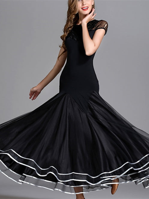 Robe de Danse de Salon pour Femmes, Tenue de Danse de Salon Drapée, Tenue de Performance pour Femmes, Manches Courtes, Taille Haute