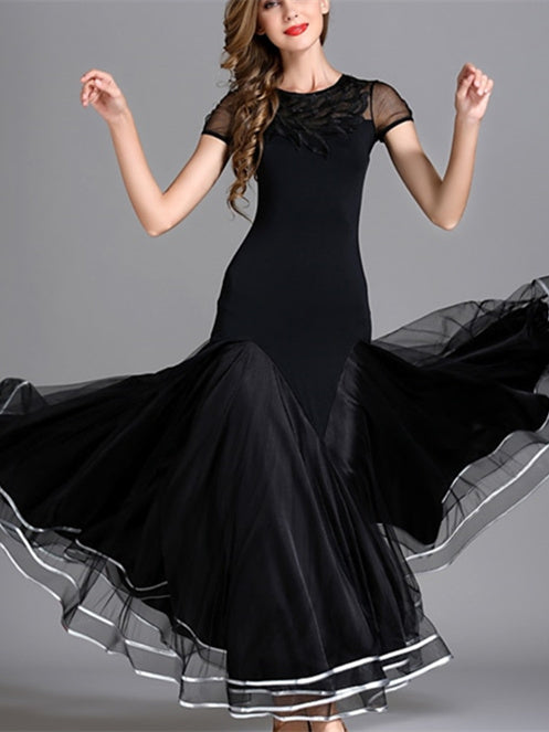 Robe de Danse de Salon pour Femmes, Tenue de Danse de Salon Drapée, Tenue de Performance pour Femmes, Manches Courtes, Taille Haute