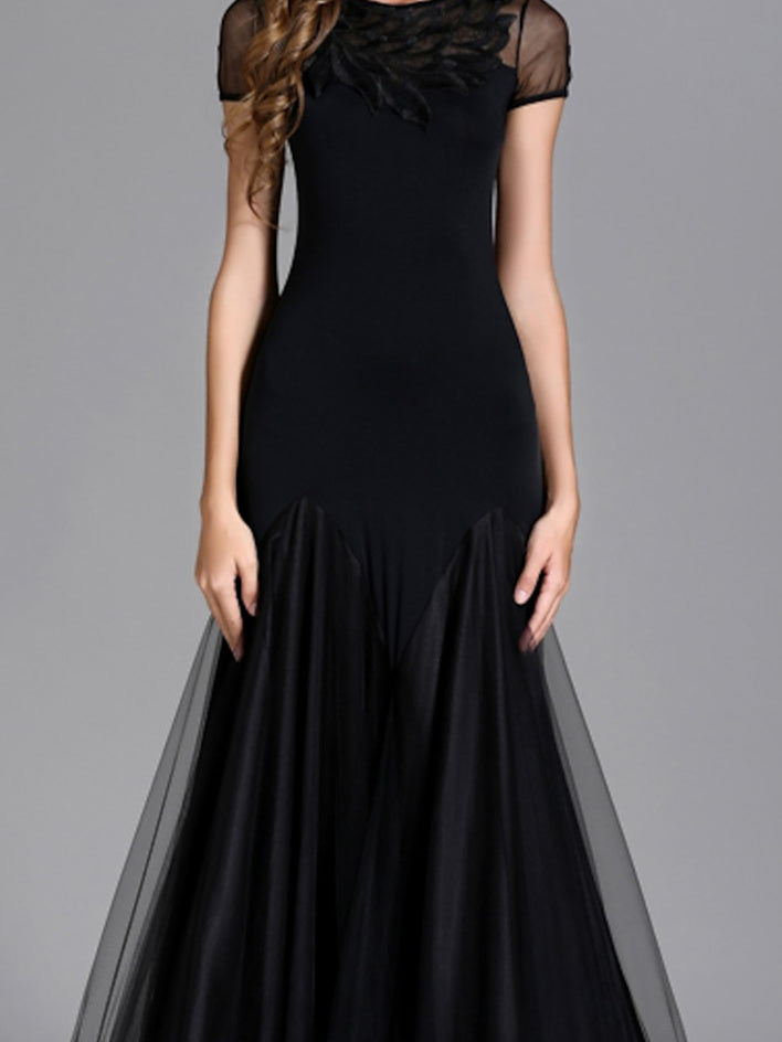 Robe de Danse de Salon pour Femmes, Tenue de Danse de Salon Drapée, Tenue de Performance pour Femmes, Manches Courtes, Taille Haute