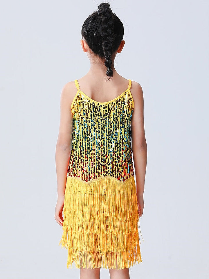 Robe de Danse pour Enfants, à Franges, Pompons, Couleur Unie, Sans Manches, en Polyester, à Paillettes, pour Filles