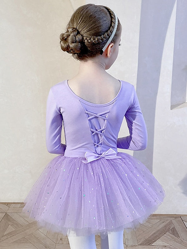Vêtements de Danse pour Enfants, Nœud Papillon, Dentelle, Couleur Unie, Manches Longues, Mélange de Coton et Tulle pour Filles