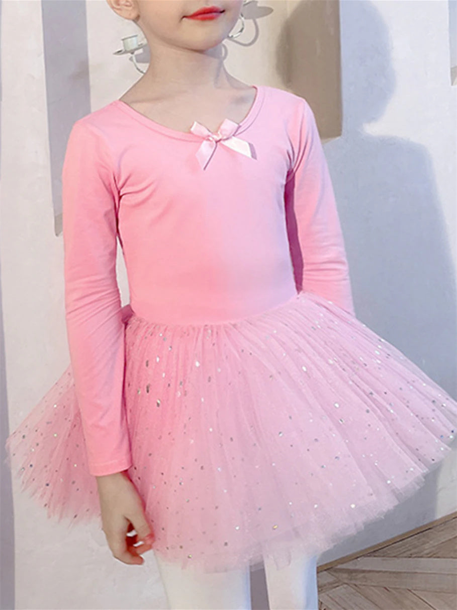 Vêtements de Danse pour Enfants, Nœud Papillon, Dentelle, Couleur Unie, Manches Longues, Mélange de Coton et Tulle pour Filles