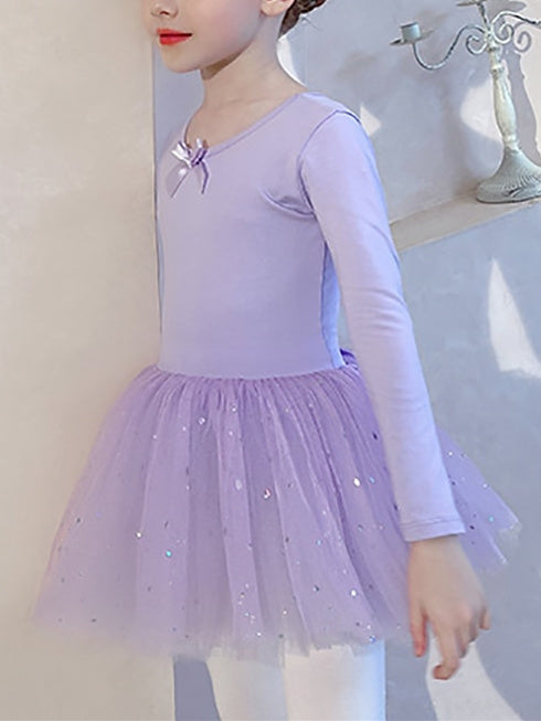 Vêtements de Danse pour Enfants, Nœud Papillon, Dentelle, Couleur Unie, Manches Longues, Mélange de Coton et Tulle pour Filles
