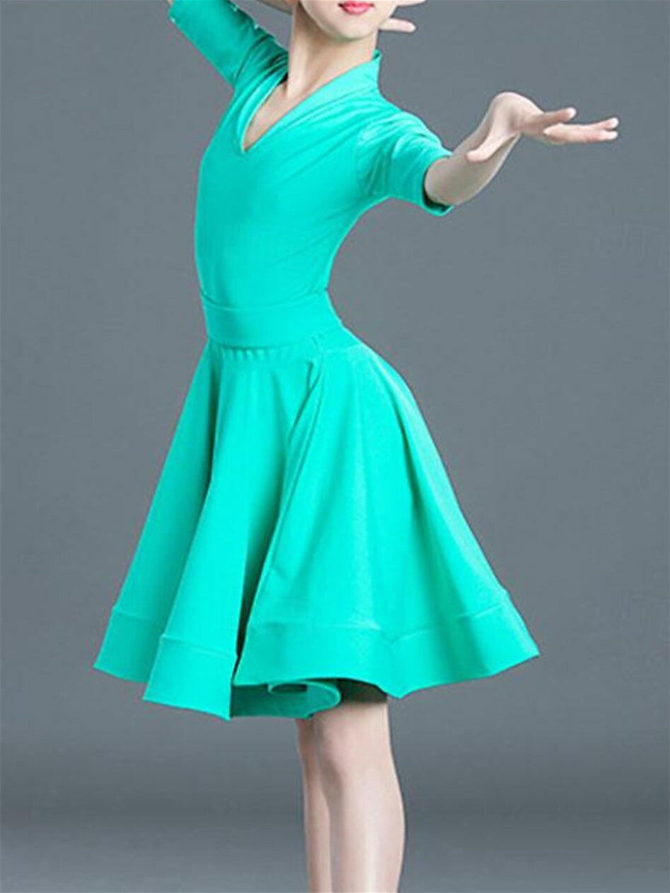 Robe de Danse Latine pour Enfants, Couleur Unie, Manches Mi-Longues, pour Filles, Performance et Polyester