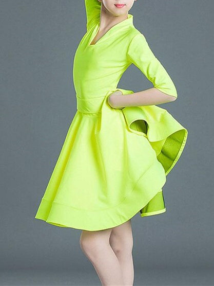 Robe de Danse Latine pour Enfants, Couleur Unie, Manches Mi-Longues, pour Filles, Performance et Polyester