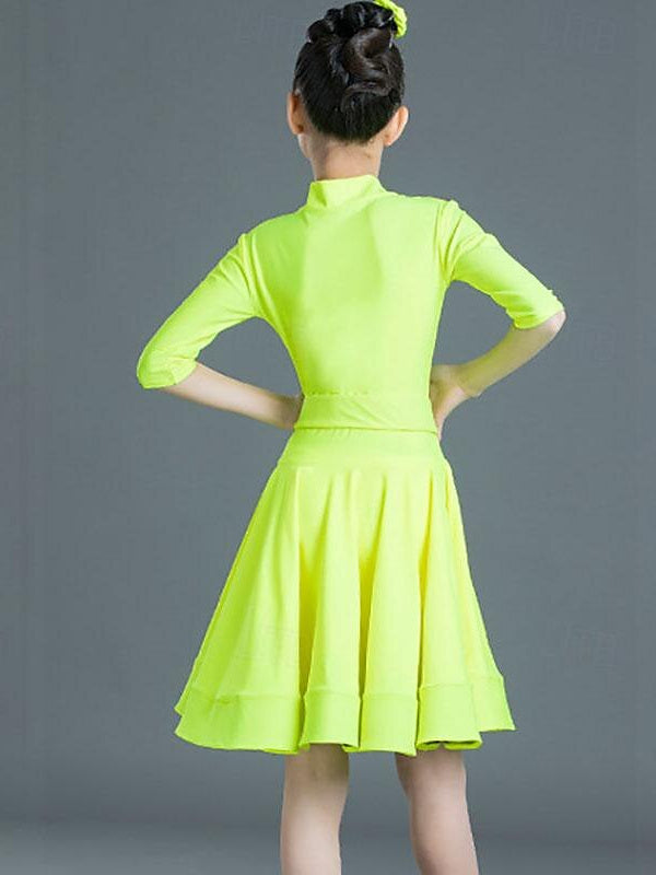 Robe de Danse Latine pour Enfants, Couleur Unie, Manches Mi-Longues, pour Filles, Performance et Polyester