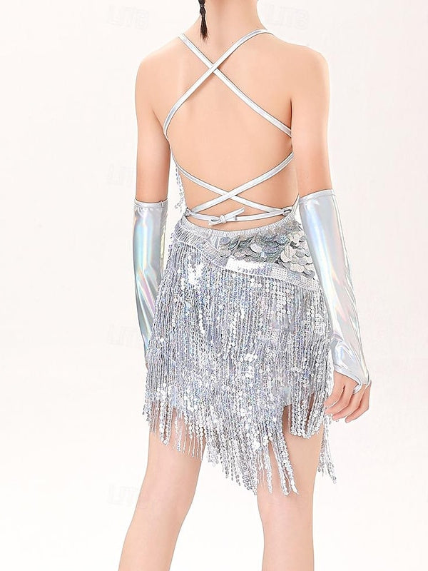 Robe de Danse pour Enfants, Paillettes, Couleur Unie, Sans Manches, Performance en Polyester pour Filles