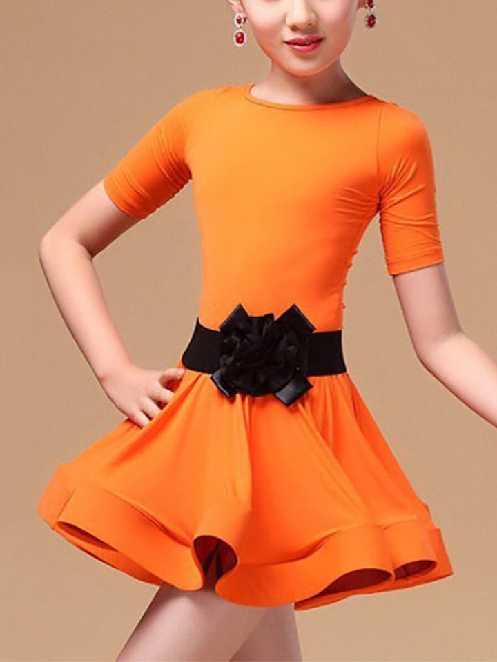 Vêtements de Danse Latine pour Enfants à Manches Courtes et Volants en Cascade pour Filles Performance Spandex Polyester