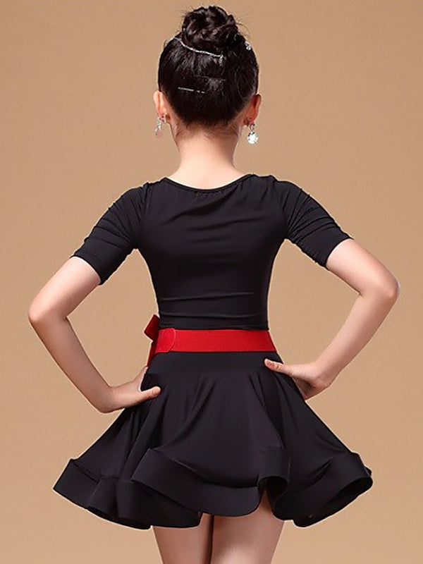 Vêtements de Danse Latine pour Enfants à Manches Courtes et Volants en Cascade pour Filles Performance Spandex Polyester