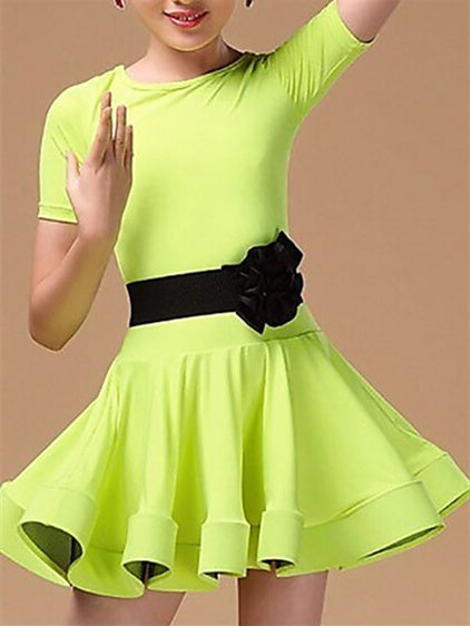 Vêtements de Danse Latine pour Enfants à Manches Courtes et Volants en Cascade pour Filles Performance Spandex Polyester