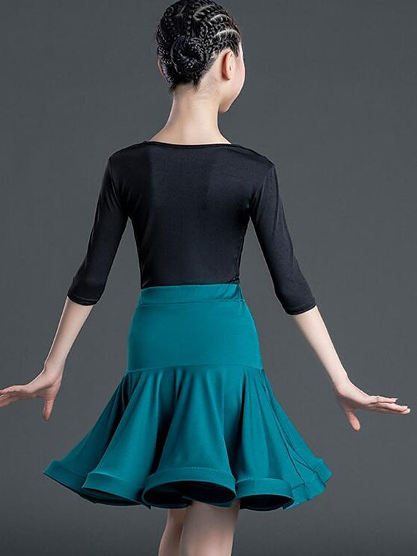 Robe de Danse pour Enfants, Drapée Sur le Côté, Couleur Unie, Manches Mi-Longues, Performance en Polyester pour Filles