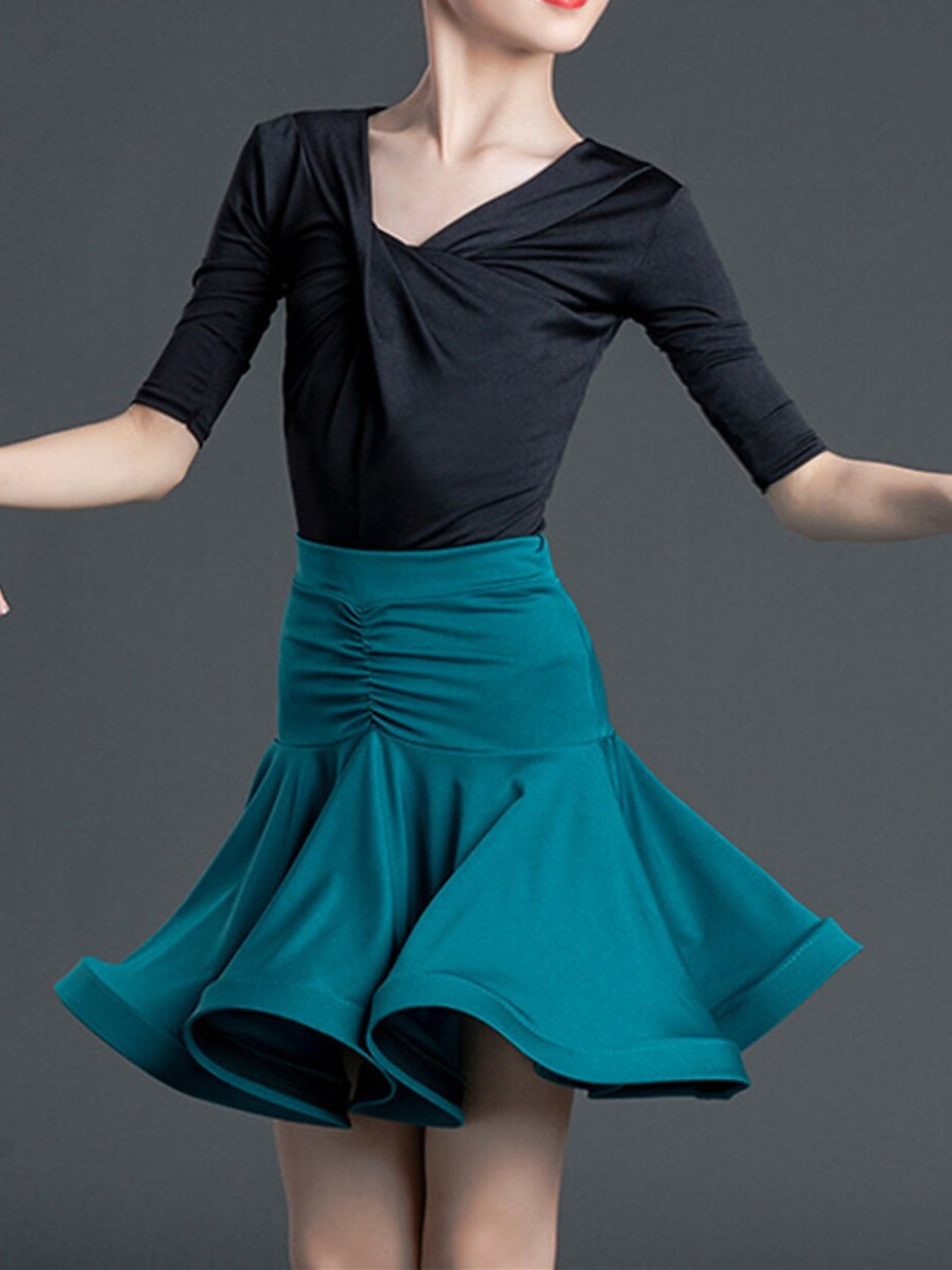 Robe de Danse pour Enfants, Drapée Sur le Côté, Couleur Unie, Manches Mi-Longues, Performance en Polyester pour Filles