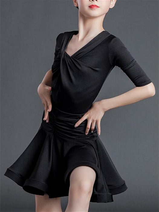 Robe de Danse pour Enfants, Drapée Sur le Côté, Couleur Unie, Manches Mi-Longues, Performance en Polyester pour Filles