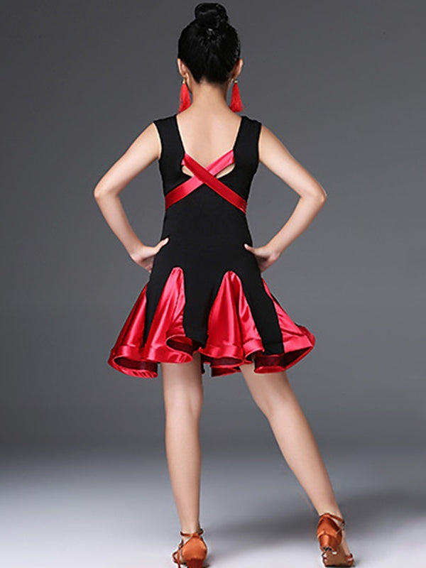 Robe de Danse Latine pour Enfants, Tenue de Danse Fendue, Ronde, Sans Manches, en Nylon, pour Filles