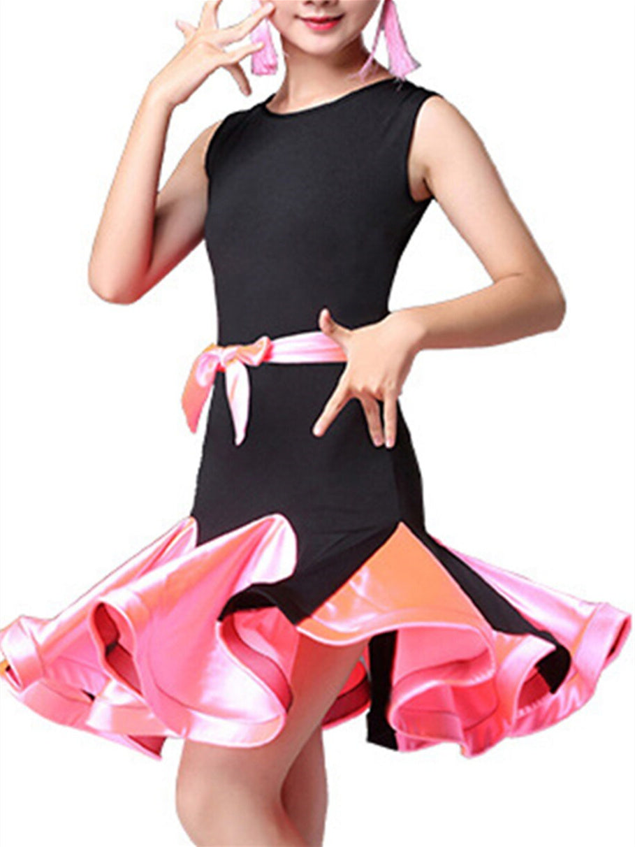 Robe de Danse Latine pour Enfants, Tenue de Danse Fendue, Ronde, Sans Manches, en Nylon, pour Filles