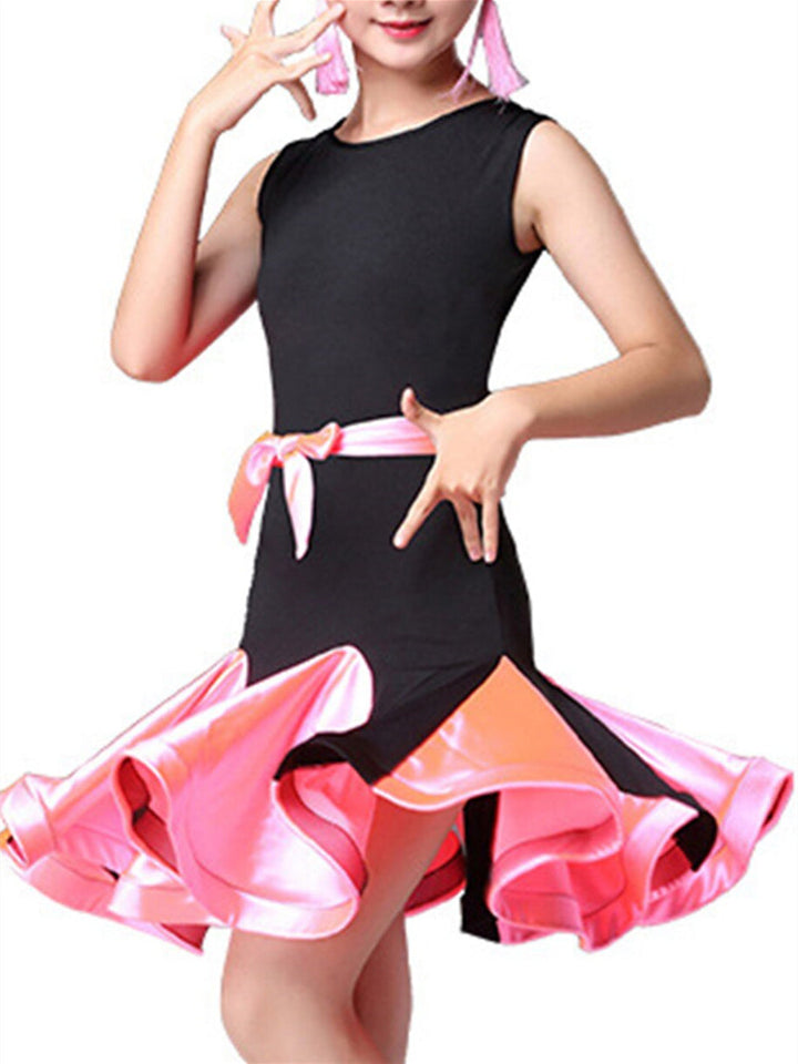 Robe de Danse Latine pour Enfants, Tenue de Danse Fendue, Ronde, Sans Manches, en Nylon, pour Filles