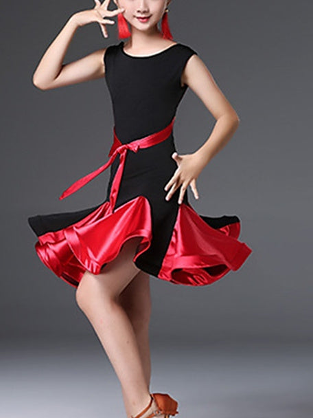 Robe de Danse Latine pour Enfants, Tenue de Danse Fendue, Ronde, Sans Manches, en Nylon, pour Filles
