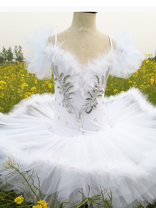 Robe de Danse pour Enfants, Col en V, Plumes/Fourrure, Paillettes, Performance en Élasthanne pour Filles