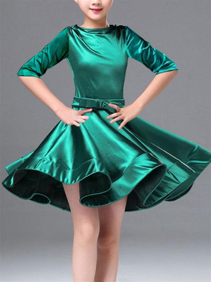 Robe de Danse Latine pour Enfants, Couleur Unie, Col Rond, Demi-Manches, Performance pour Filles, Polyester