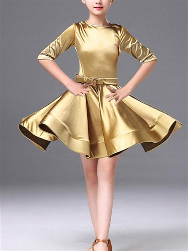 Robe de Danse Latine pour Enfants, Couleur Unie, Col Rond, Demi-Manches, Performance pour Filles, Polyester
