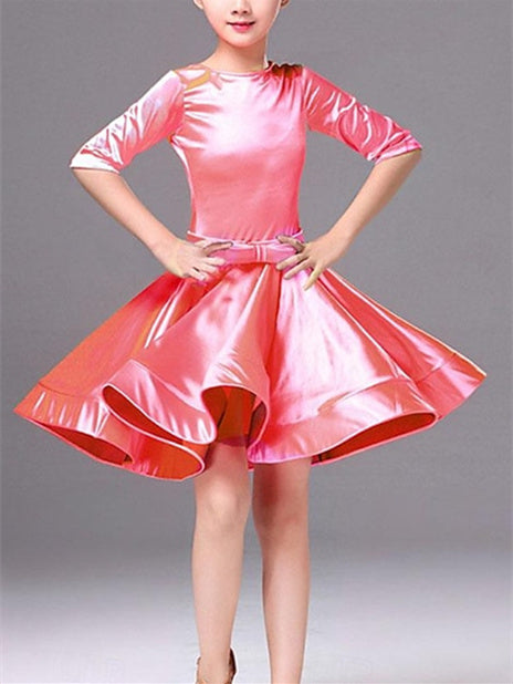 Robe de Danse Latine pour Enfants, Couleur Unie, Col Rond, Demi-Manches, Performance pour Filles, Polyester
