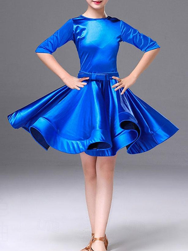 Robe de Danse Latine pour Enfants, Couleur Unie, Col Rond, Demi-Manches, Performance pour Filles, Polyester
