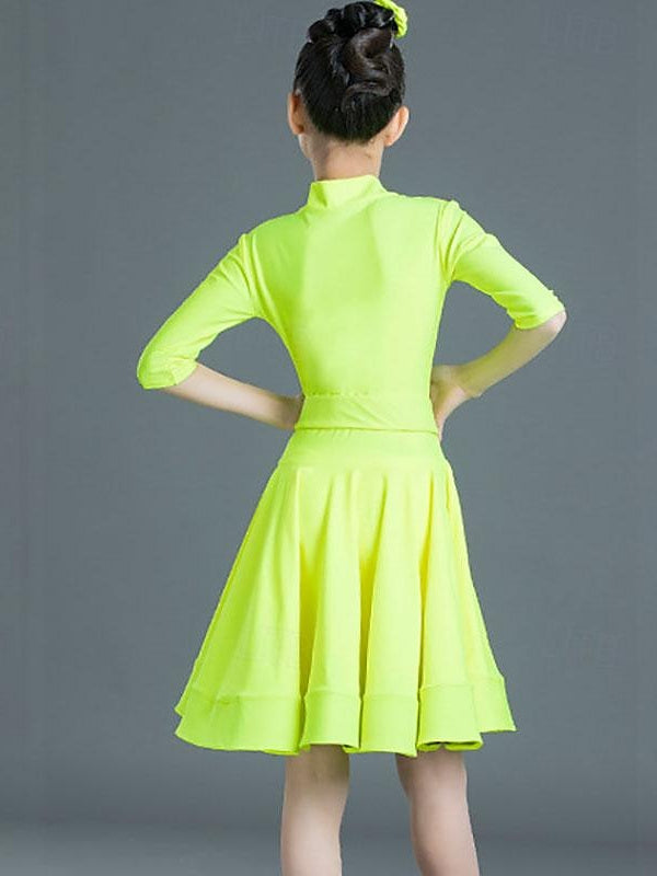 Robe de Danse Latine pour Enfants, Couleur Unie, Demi-Manches, en Polyester, pour Filles